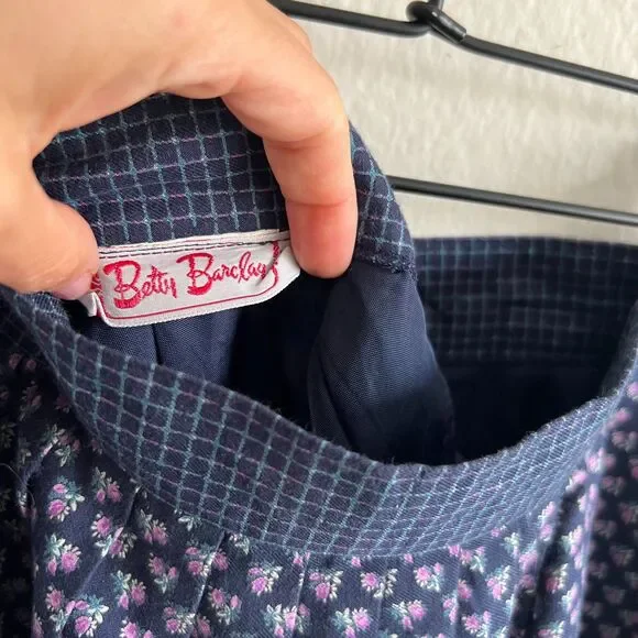 BETTY BARCLAY Vintage 70s Navy Blue Floral Grid A-Line Maxi Skirt Womens XS-S - Picture 3 of 6
